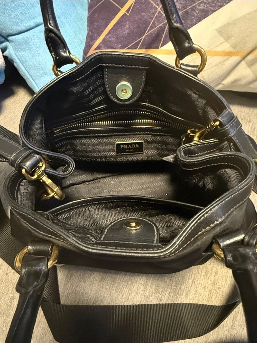 Prada Black Nylon Satchel with Gold Hardware and crossbody bag